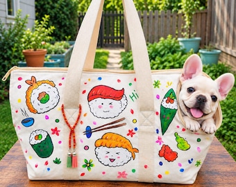 Hand Painted Dog Carrier Bag, Sushi and Cherry Blossom Pet Carrier, Handmade Canvas Dog Tote, Small Dog & Cat Travel Bag, Up to 15 lbs