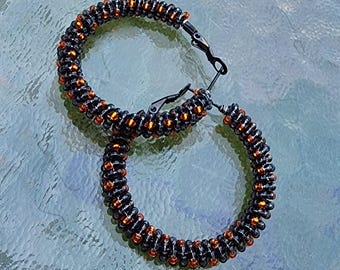 Halloween Beaded Hoop Earrings - 'Radiant Hoops' 1.75'' Black and Orange Festive Jewelry