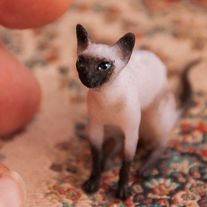 Miniature cat, sitting artisan pet in 1:12 twelfth scale for doll house of diorama. Fluffy siamese kitten toy