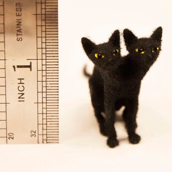 Miniature dollhouse cat, Halloween witch artisan double headed pet in 1:12 twelfth scale for doll house of diorama. Fluffy black kitten toy