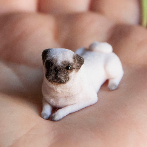 Miniature fluffy pug dog. Artisan pet in 1:12 twelfth scale for doll house of diorama. fluffy silver fawn puppy