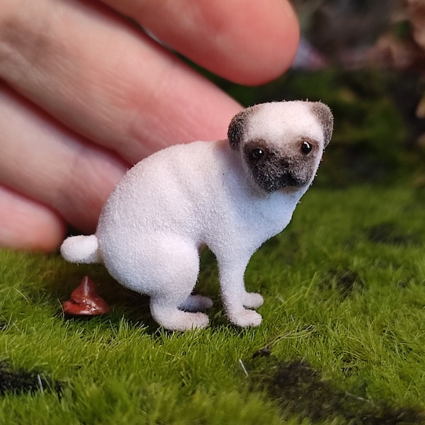 Miniature pug, boxer dog. Artisan pet in 1:12 twelfth scale for doll house of diorama. Fluffy silver fawn pug