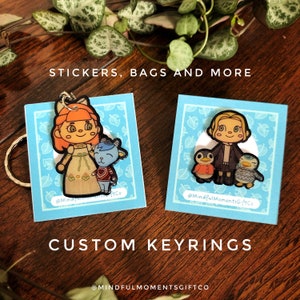 Custom player portrait gift. Handmade character keychains stickers pins for animal merch lovers.