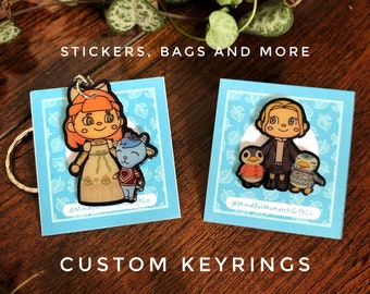 Regalo personalizado con retrato de jugador. Llaveros, pegatinas y pins hechos a mano con personajes para amantes de los artículos de animales.