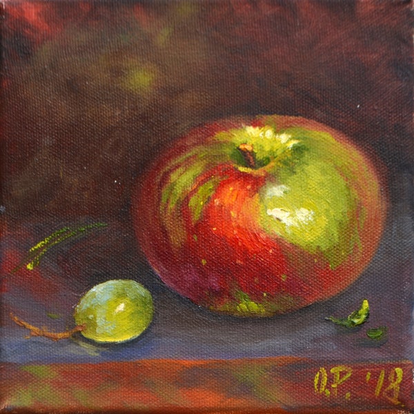 Une pomme et un raisin d’Olga Pimenova , Huile sur toile, Peinture à l’huile contemporaine, 6x6 pouces, Option encadrée