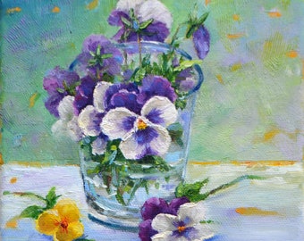 Pansies in a Glass,  by Olga Pimenova, Original Still Life Oil Painting, Contemporary Oil Painting, 6x6 inch, Framed Option