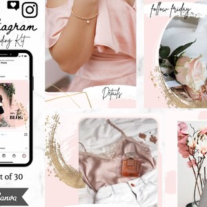 May include: A set of 30 Instagram branding kit templates featuring a pink and gold colour scheme. The templates include a variety of designs, such as a rose with a gold circle, a white shirt with a gold brushstroke, and a laptop with a flower arrangement. The text "follow friday" and "details" are also included in the templates.
