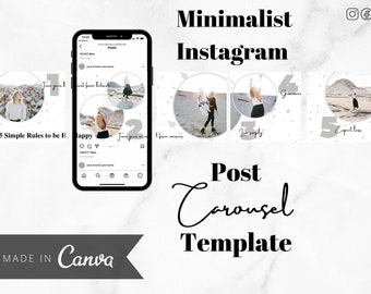 May include: A digital social media carousel template featuring a smartphone displaying five numbered slides with circular photo frames, white backgrounds with gray speckles, and black text including Minimalist Instagram Post Carousel Template.