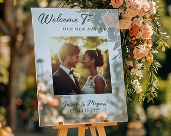 Letrero de bienvenida personalizado para bodas con foto, acrílico o lienzo para la recepción.