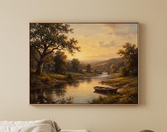 Sunset Landscape Canvas Wall Art, Vintage River with Boat Painting, Rustic Nature Forest Lake Print