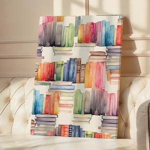 May include: A canvas print featuring a watercolor illustration of stacked books in various colors. The books are arranged in rows, with spines in shades of blue, pink, green, and orange. The artwork has a soft, artistic feel, suitable for a library or study.