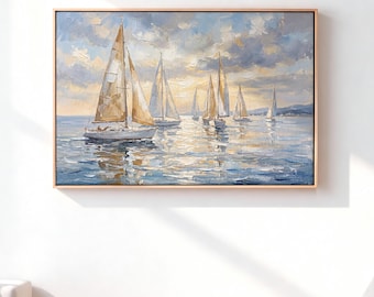 Sailing Boat Canvas Wall Art, Coastal Ocean Oil Painting, Seascape Nautical Canvas Print