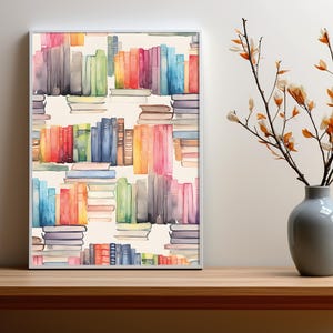 Bookshelf Canvas Print, Watercolor Book Lover Decor, Modern Library Art, Reading Nook Decor, Bookish Gift image 4