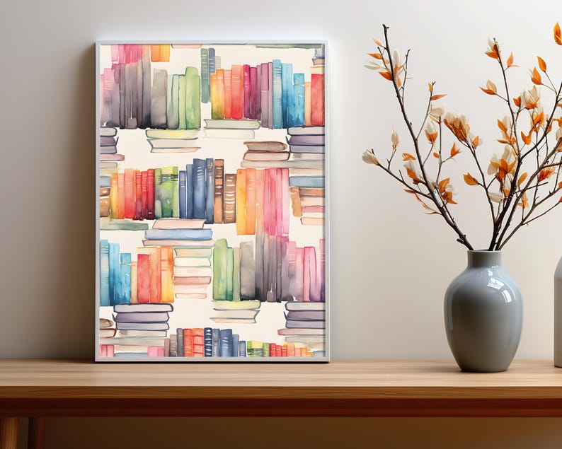Bookshelf Canvas Print, Watercolor Book Lover Decor, Modern Library Art, Reading Nook Decor, Bookish Gift image 4