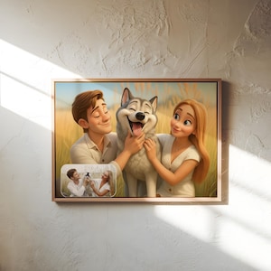 May include: A framed artwork featuring a cartoon illustration of a couple and a smiling husky dog in a field. A smaller inset image shows the couple with a puppy. The artwork has a light brown frame.