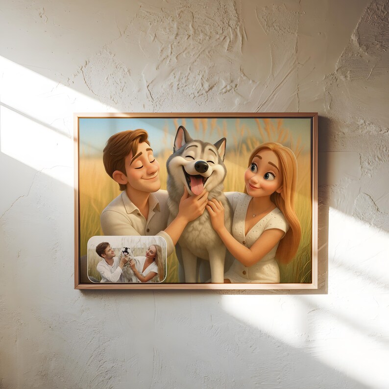 May include: A framed artwork featuring a cartoon illustration of a couple and a smiling husky dog in a field. A smaller inset image shows the couple with a puppy. The artwork has a light brown frame.