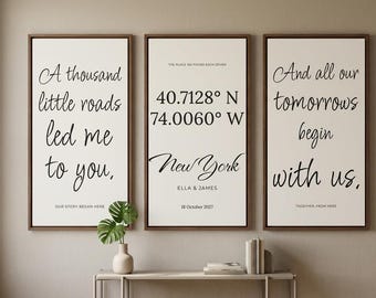 Custom Story Text Canvas, Personalized Coordinates Triptych Wall Art, Motivational Memory Gift