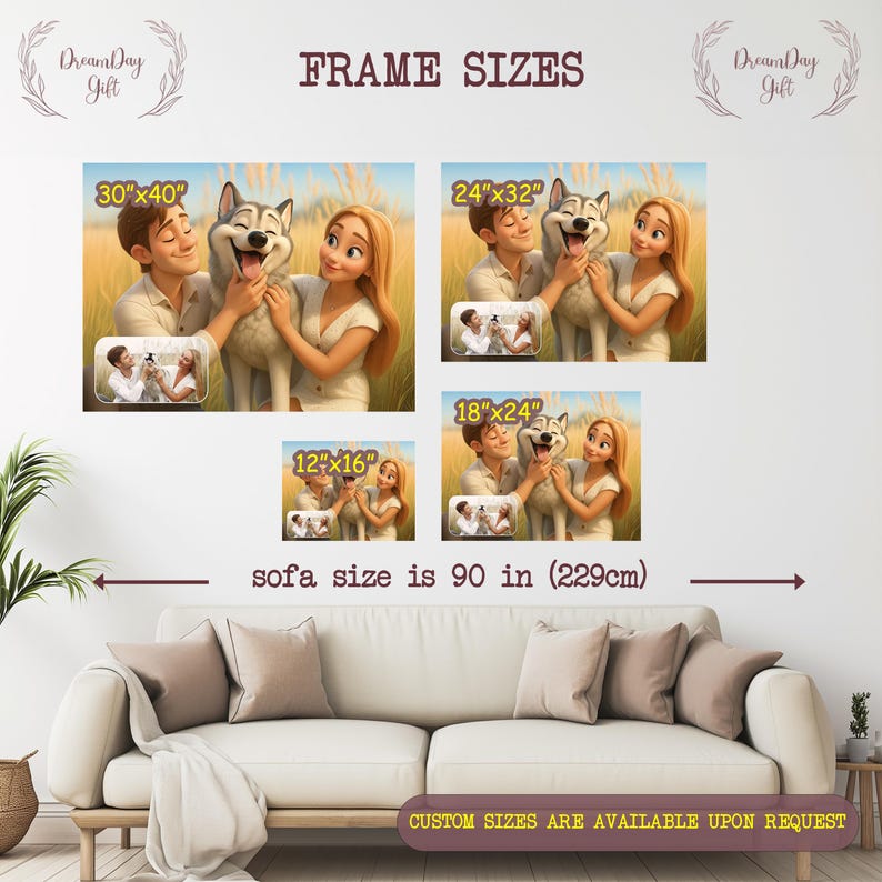 May include: Image showcasing framed art prints with various sizes: 30"x40", 24"x32", 18"x24", and 12"x16". The artwork depicts a couple with a dog. Text reads "FRAME SIZES" and "CUSTOM SIZES ARE AVAILABLE UPON REQUEST".
