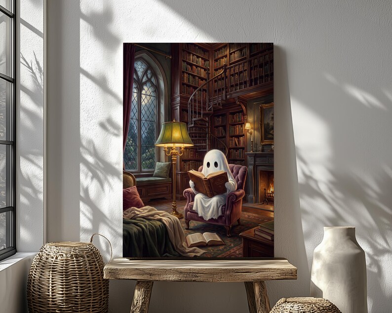 Puede incluir: Una impresi&oacute;n de arte mural vertical que representa una figura de fantasma blanca sentada en un sill&oacute;n de felpa color burdeos dentro de una biblioteca de madera oscura, leyendo un libro abierto. Una l&aacute;mpara de pie con pantalla verde.