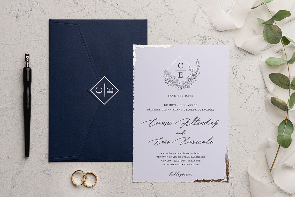 Navy Blue Wedding Invitation Elegant Wedding Stationery Etsy