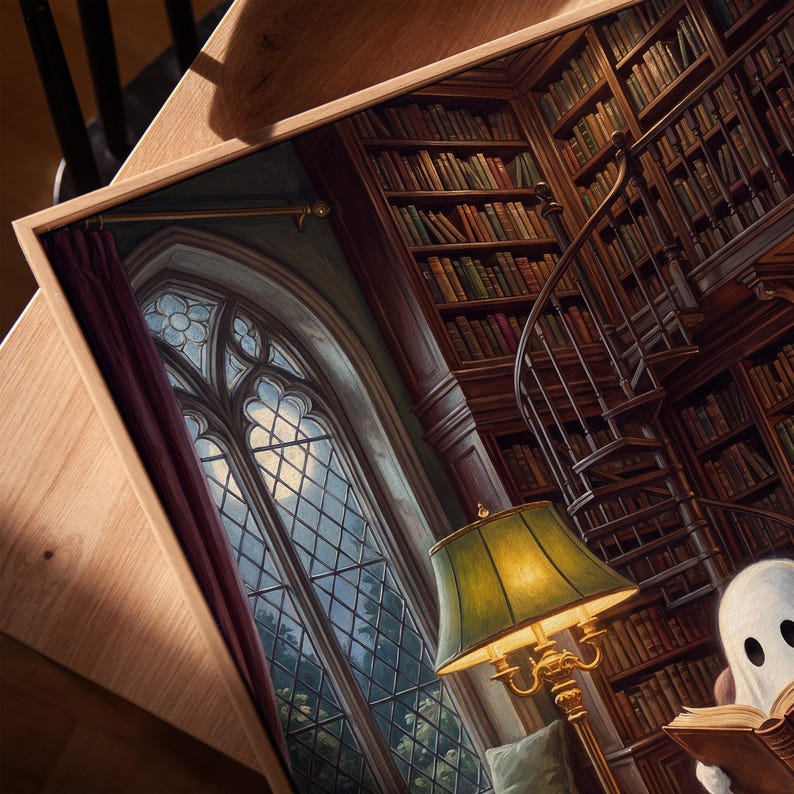 Puede incluir: Una impresi&oacute;n rectangular enmarcada que representa el interior de una biblioteca con estanter&iacute;as altas, una escalera de caracol, un gran ventanal arqueado con una noche de luna, una l&aacute;mpara dorada con pantalla verde y un fantasma blanco leyendo un libro abierto.
