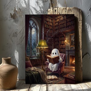 Puede incluir: Una impresi&oacute;n de arte mural rectangular que representa una figura de fantasma blanca sentada en un sill&oacute;n burdeos, leyendo un gran libro abierto dentro de una biblioteca de madera oscura con escalera de caracol, chimenea y ventana arqueada.