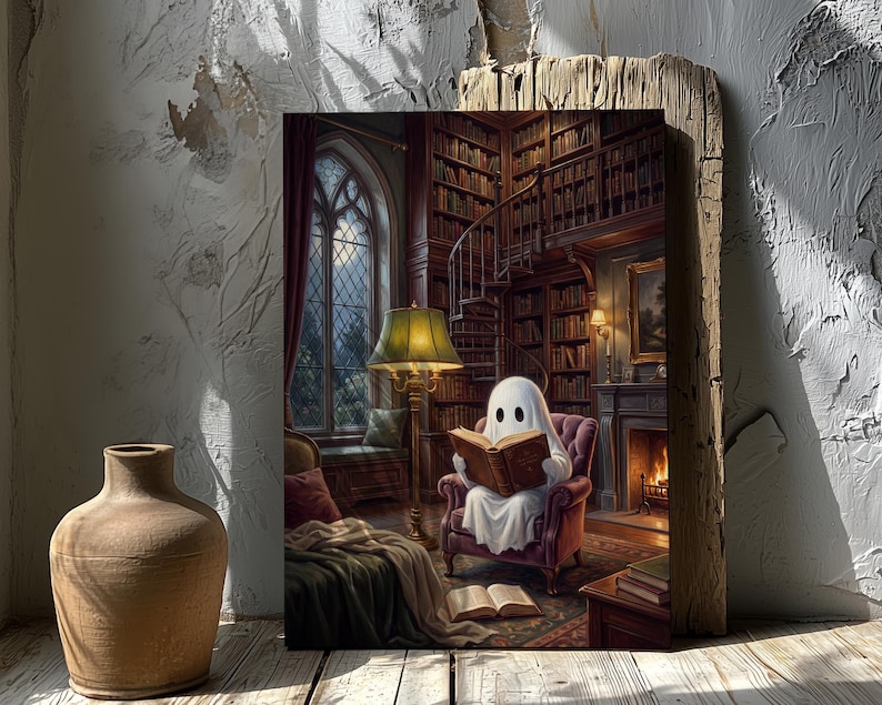 Puede incluir: Una impresi&oacute;n de arte mural rectangular que representa una figura de fantasma blanca sentada en un sill&oacute;n burdeos, leyendo un gran libro abierto dentro de una biblioteca de madera oscura con escalera de caracol, chimenea y ventana arqueada.