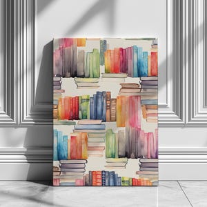 Bookshelf Canvas Print, Watercolor Book Lover Decor, Modern Library Art, Reading Nook Decor, Bookish Gift image 7