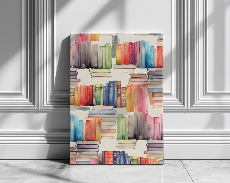 Bookshelf Canvas Print, Watercolor Book Lover Decor, Modern Library Art, Reading Nook Decor, Bookish Gift image 7