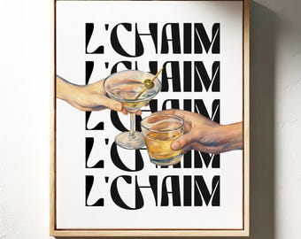 L'Chaim Cocktail Hebrew Typography Canvas Art, Jewish Toast Phrase Print, Israel Home Decor