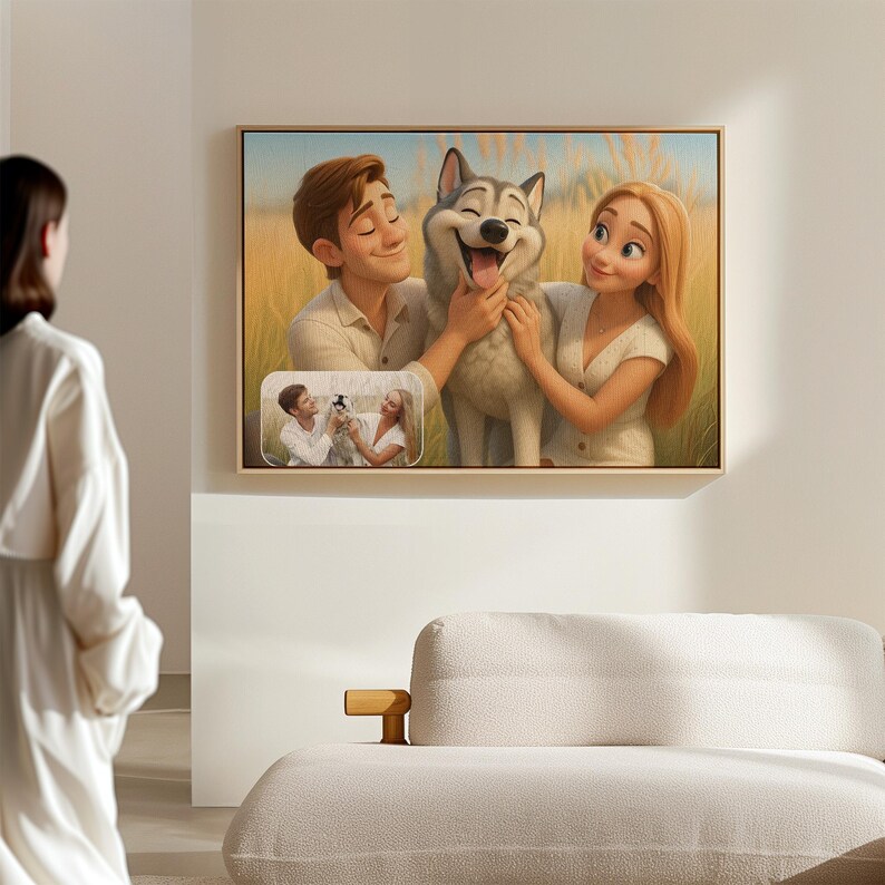 May include: A framed canvas art print featuring a cartoon illustration of a couple and a smiling husky dog in a field. A smaller inset image shows the couple with a puppy. The artwork is displayed on a wall above a white sofa.