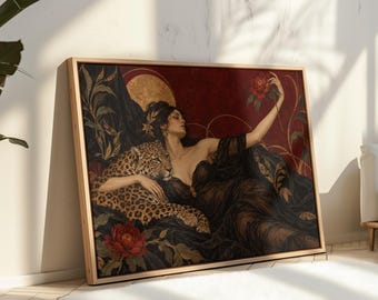 Moody Woman with Leopard Canvas Print, Cheetah Peony Art, Gothic Dark Academia Bedroom Decor, Art Nouveau Style