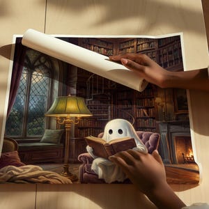 Puede incluir: Una impresi&oacute;n art&iacute;stica rectangular que muestra a un fantasma blanco sentado en un sill&oacute;n morado leyendo un libro marr&oacute;n dentro de una biblioteca. La biblioteca cuenta con una ventana alta arqueada, una l&aacute;mpara verde, una escalera de caracol y una chimenea.