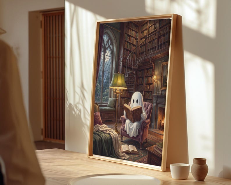 Puede incluir: Una impresi&oacute;n de arte mural rectangular enmarcada que representa una figura de fantasma blanca sentada en un sill&oacute;n morado leyendo un libro dentro de una biblioteca. La escena incluye una l&aacute;mpara de pie, una chimenea, estanter&iacute;as y un ventanal.