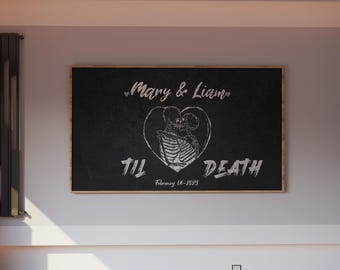 Personalized Gothic Skull Couple Canvas, Vintage Skeleton Decor, Spooky Halloween Bedroom Print Wall Art, Dark Romantic Anniversary Gifts