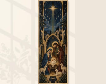 Nativity Scene Canvas Wall Art, Vertical Holy Family Print, Star of Bethlehem Painting, Christian Christmas Poster