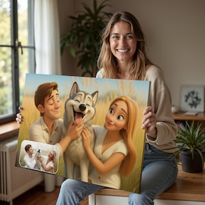 May include: A canvas print featuring a cartoon illustration of a couple and a smiling husky dog in a field of tall grass. A smaller inset image shows the couple with a real dog. The woman in the image is smiling.