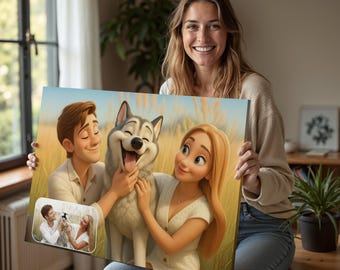 Custom Cartoon Portrait Canvas, Pixar Style Portrait from Photo, Personalized Anniversary Gifts for Couple and PetArt, Pixar Style Portrait