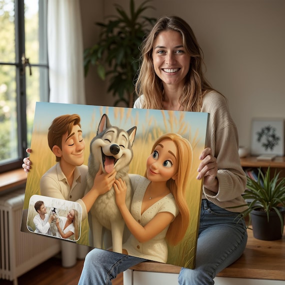 Custom Cartoon Portrait, Pixar Style Portrait from Photo, Personalized Anniversary Gifts for Couple and Dog Art, Pixar Style Family Portrait