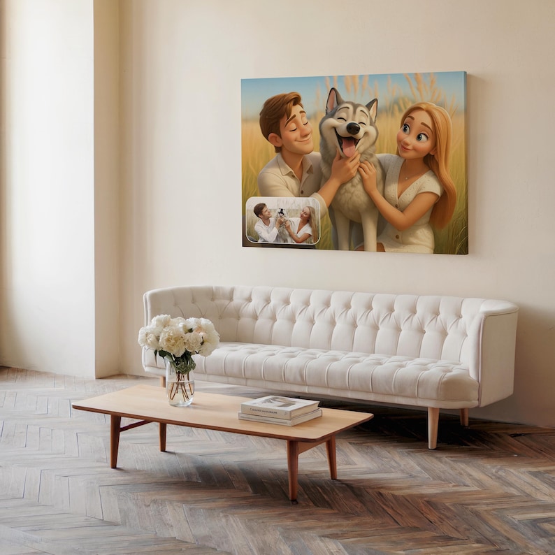 May include: A canvas print featuring a cartoon illustration of a couple with a smiling husky dog. The artwork hangs above a white tufted sofa and a wooden coffee table. A smaller image is inset at the bottom left of the main image.