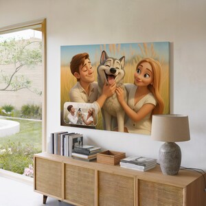 May include: A canvas print featuring a cartoon illustration of a couple with a smiling husky dog. The artwork has a warm color palette and is displayed above a wooden cabinet with books and a lamp.