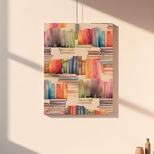 Bookshelf Canvas Print, Watercolor Book Lover Decor, Modern Library Art, Reading Nook Decor, Bookish Gift image 5