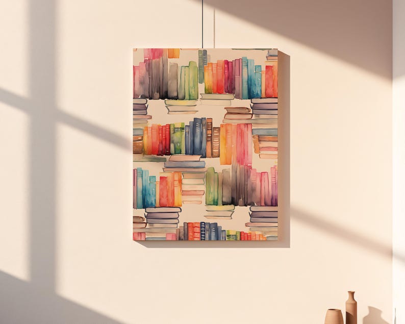 Bookshelf Canvas Print, Watercolor Book Lover Decor, Modern Library Art, Reading Nook Decor, Bookish Gift image 5