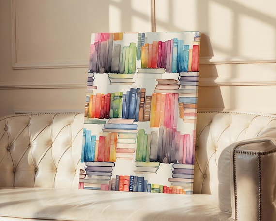Bookshelf Canvas Print, Watercolor Book Lover Decor, Modern Library Art, Reading Nook Decor, Bookish Gift