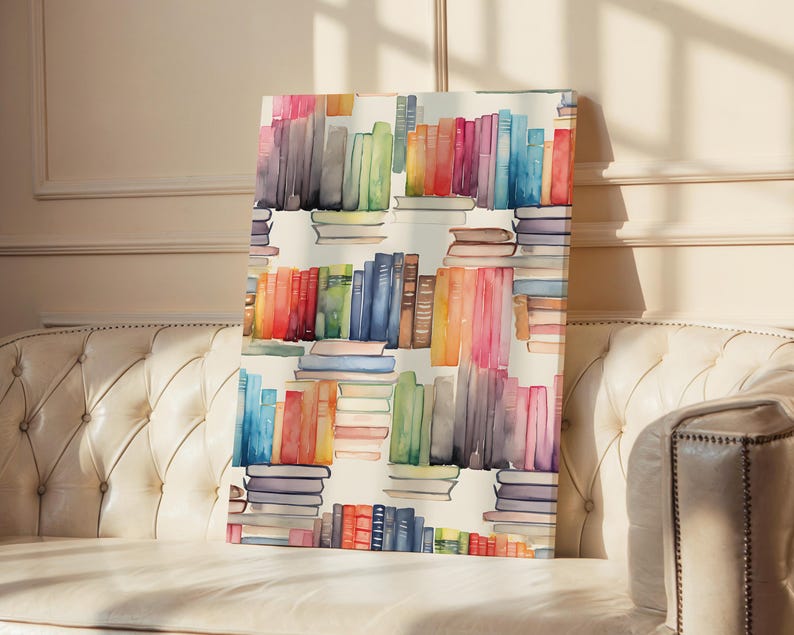 May include: A canvas print featuring a watercolor illustration of stacked books in various colors. The books are arranged in rows, with spines in shades of blue, pink, green, and orange. The artwork has a soft, artistic feel, suitable for a library or study.