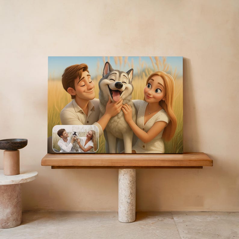 May include: A canvas print featuring a cartoon illustration of a couple and a smiling husky dog in a field. A smaller inset image shows the couple with a dog. The artwork is displayed on a wooden shelf.