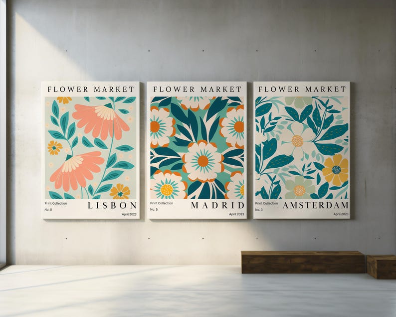 Boho Floral Set of 3 Canvas Wall Art, Abstract Botanical Art, Botanical ...