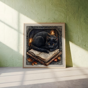 Dark Academia Cat Canvas Print: Gothic Cottagecore Halloween Wall Art