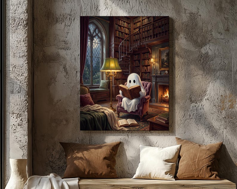 Puede incluir: Una impresi&oacute;n de arte mural que muestra una figura de fantasma blanca sentada en un sill&oacute;n de terciopelo, leyendo un libro abierto. La escena presenta una biblioteca con estanter&iacute;as de suelo a techo, una escalera de caracol y una l&aacute;mpara verde.