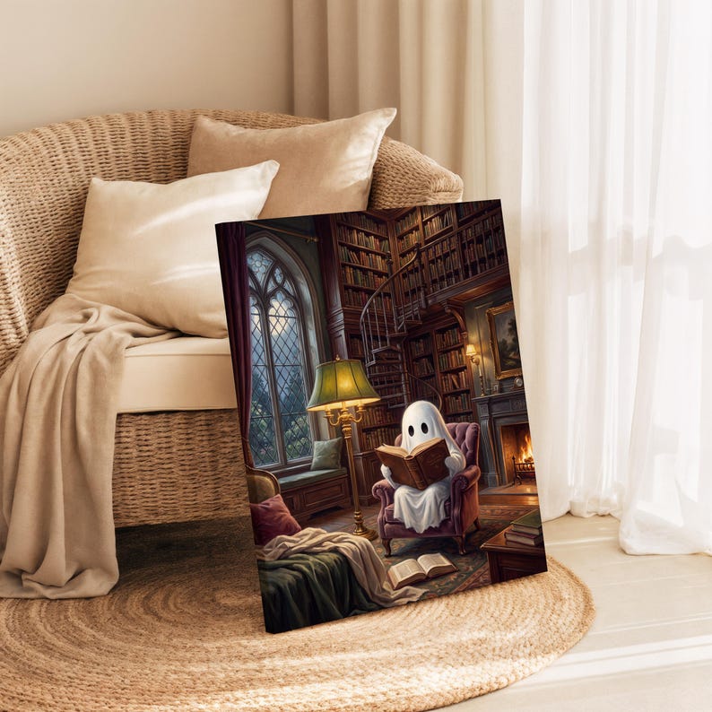 Puede incluir: Un lienzo rectangular que representa a un fantasma blanco sentado en un sill&oacute;n morado dentro de una biblioteca, leyendo un libro abierto. La escena incluye estanter&iacute;as altas, una escalera de caracol, una chimenea encendida y una l&aacute;mpara verde.